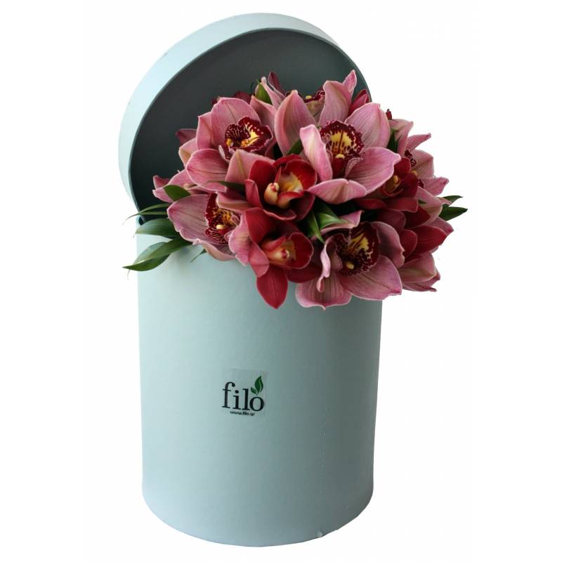 Bouquet With Cymbidium Orchids In Round Box  - 1