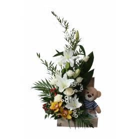 Little Bear in a Wooden Box with Variety of Flowers  - 1