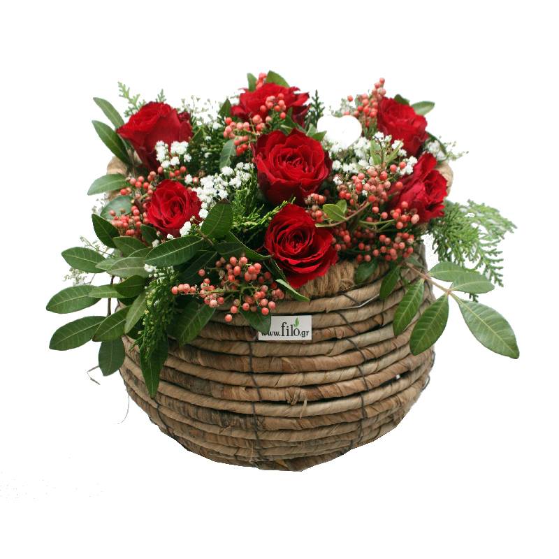 Flower Arrangement with Red Roses in a Basket - 1