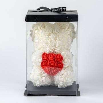 Λευκό Αρκουδάκι Forever Roses σε Kουτί με Καρδιά - 1