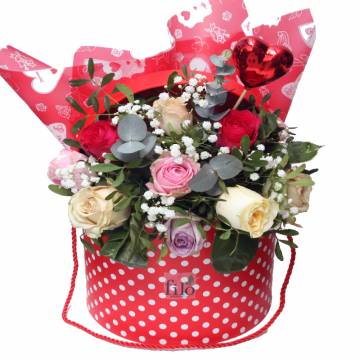 Flower Arrangement with Red Roses in Carton Valentine's Hat Box - 1