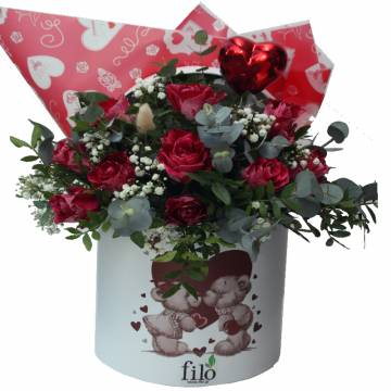 Flower Arrangement with Red Roses in Carton Valentine's Hat Box - 2